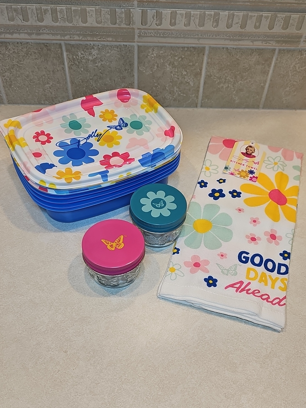 Dolly Parton Set Of Summer Floral Food Containers Kitchen Towel 2 Butterfly Jars